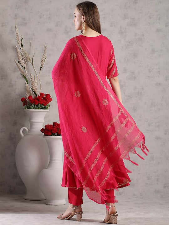Floral Printed Anarkali Kurta With Trousers & Dupatta