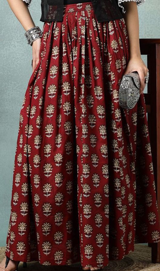 Floral Printed Cotton Flared Maxi Skirt