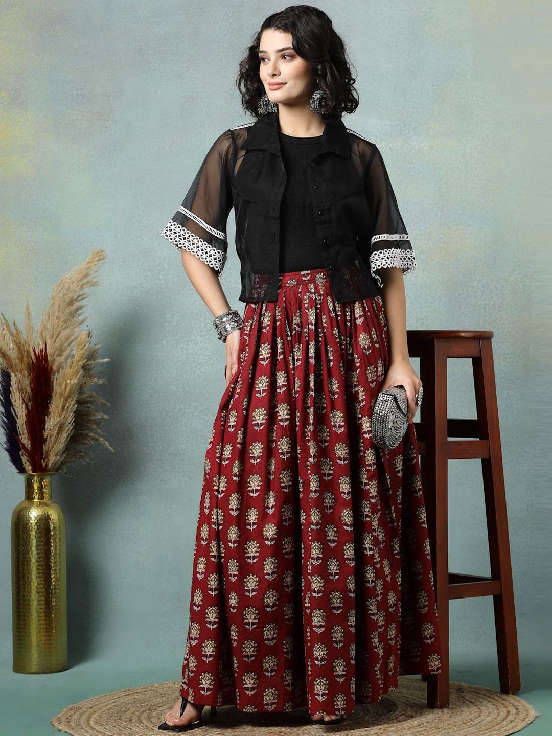 Floral Printed Cotton Flared Maxi Skirt-4