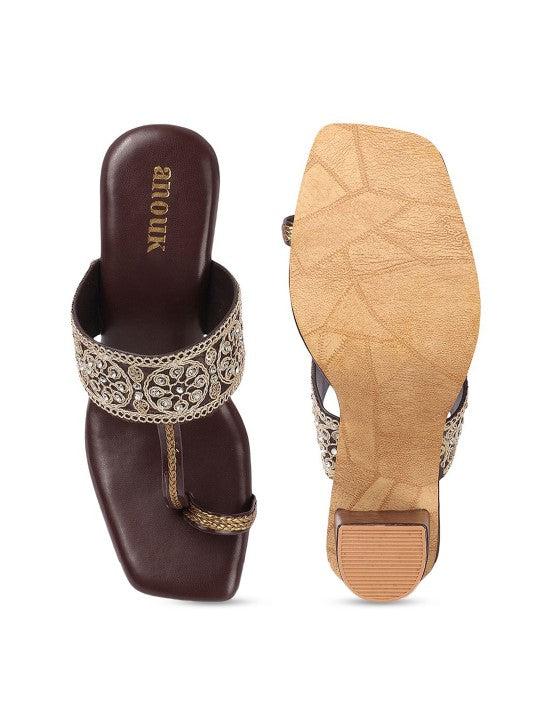 Women Floral Textured Ethnic Block Heels Sandals-3