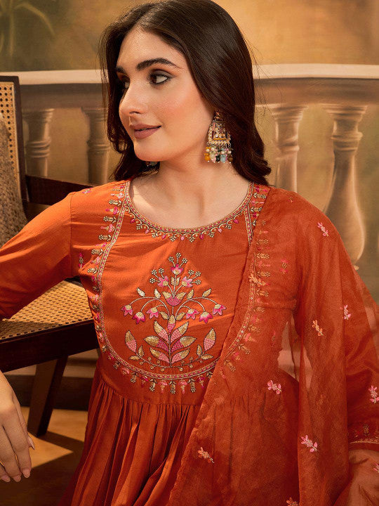 White Floral Embroidered Silk Blend A-Line Kurta With Trousers And Dupatta-11