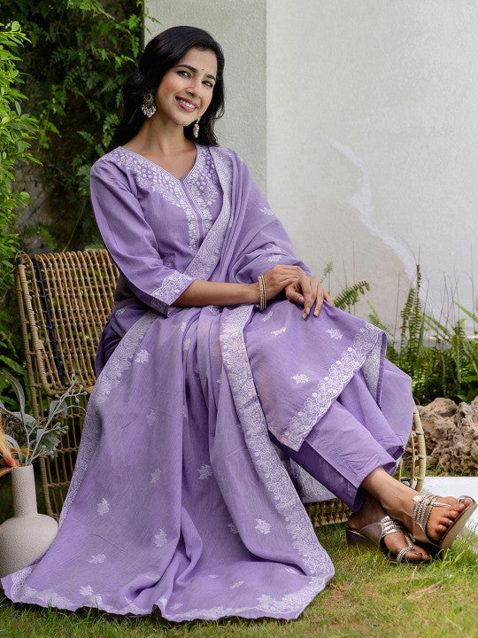 Women Lavender Cotton Blend Kurta Sets-2