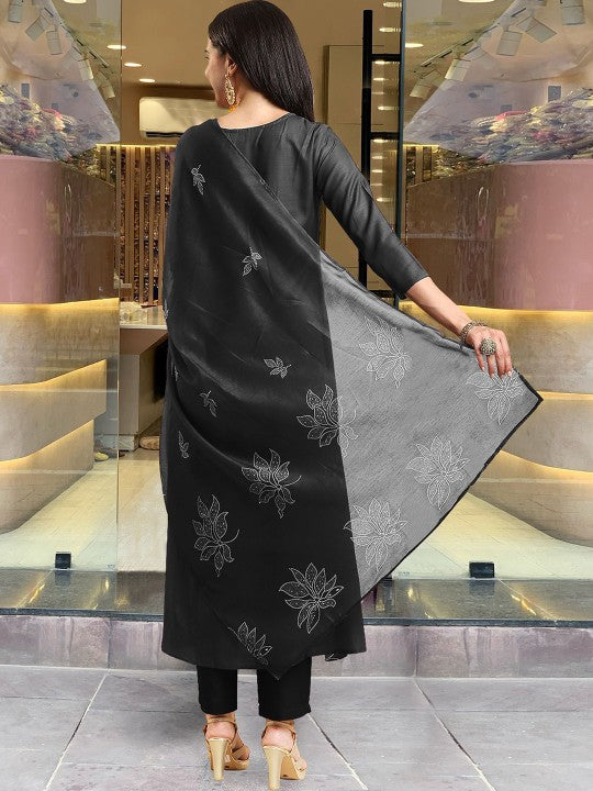 Floral Printed Pleated Round Neck Anarkali Kurta With Trousers & Dupatta